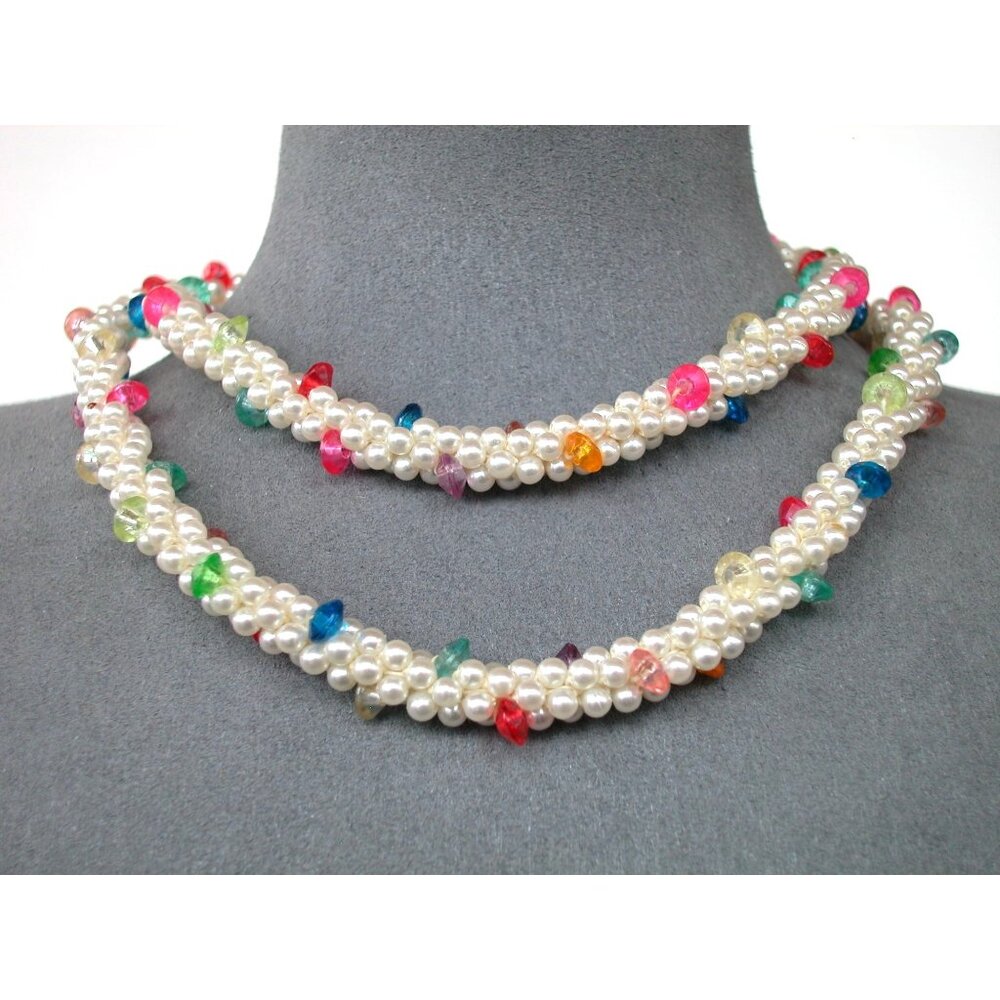 Vintage Faux Pearl & Multicolor Beaded Necklace Single Strand Necklace